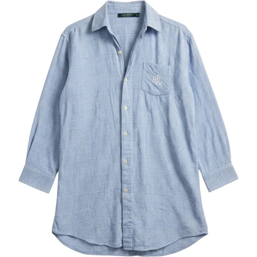 Lauren Ralph Lauren Blue Glen Plaid Monogram Sleep Shirt Nightgown Womens Small